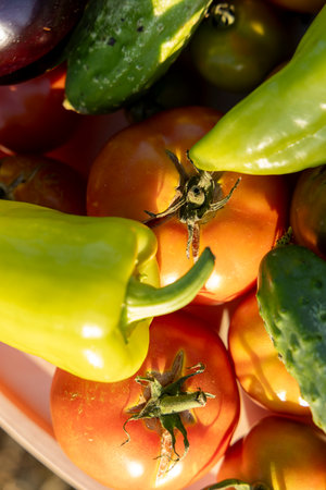 A bunch of vegetables including tomatoes, cucumbers, and peppers. The peppers are green and the tomatoes are redの写真素材