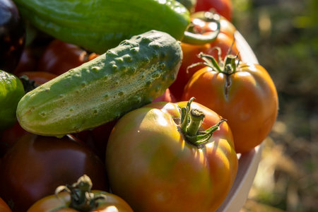 A bowl of tomatoes and cucumbers. The cucumbers are green and the tomatoes are red. The bowl is on a tableの写真素材