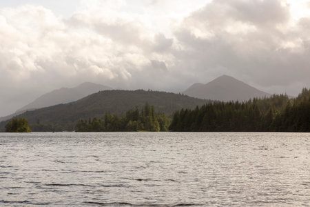 A lake with a cloudy sky in the background. The sky is overcast and the water is calmの写真素材