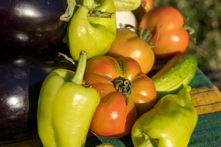 A bunch of vegetables including tomatoes, cucumbers, and peppers are displayed on a table. The...