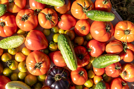 A variety of vegetables including tomatoes and cucumbers are displayed on a table. Concept of abundance and freshness, as the vegetables are piled high and appear to be ripe and ready to be eatenの写真素材