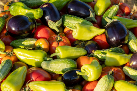 A bunch of vegetables including tomatoes, cucumbers, and peppers. The vegetables are piled on top of each other, creating a colorful and vibrant sceneの写真素材