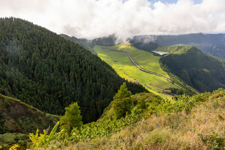 A lush green hillside with a forest in the background at Sete Cidades, Azores. The sky is cloudy and the sun is shining through the cloudsの写真素材