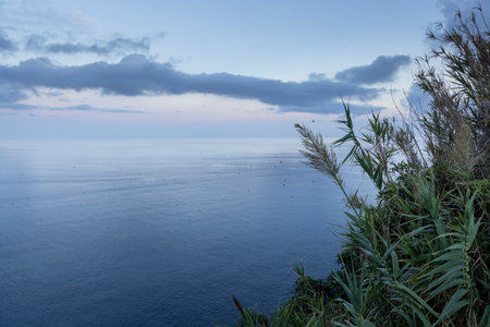 A beautiful ocean view with a cloudy sky in the background. The sky is a mix of blue and white, and...