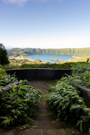 A view of a lake at Sete Cidades, Azores.の写真素材