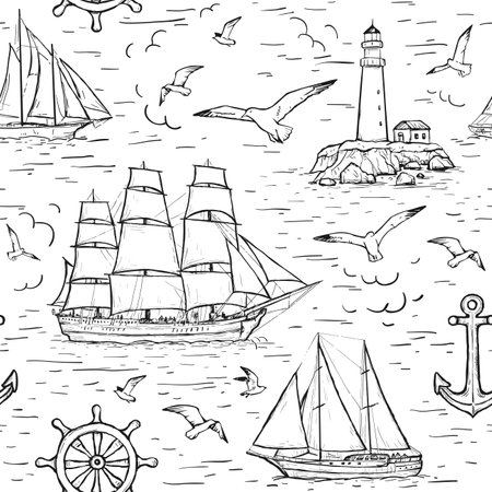 Vector sketch seamless marine pattern with sailing ship, lighthouse, seagulls, anchor. Design for textile, wrapping paper, page fill, web design, wallpaper. Black line isolated on whiteのイラスト素材
