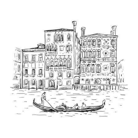 Hand drawn sketch vector illustration of Venice, Italy. Drawing of a canal, houses and gondola. Tourism Concept. Black line isolated on whiteのイラスト素材