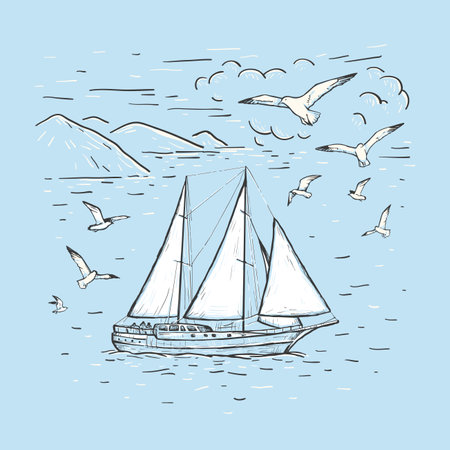 Marine sketch hand drawn vector sailboat, clouds, seagulls. Vintage sailing yacht on the sea on a blue background. Design for t-shirt, pillow print. Postcard, banner, cover and posterのイラスト素材