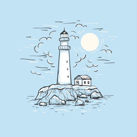 Marine romantic blue background. Hand drawn vector sketch with lighthouse, house, sea and sky. Design for t-shirt print, postcard, poster, banner and coverのイラスト素材