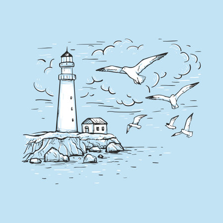 Hand drawn vector sketch with gulls, clouds and lighthouse. Marine romantic background. Design on a blue background for t-shirt print, postcard, poster, bannerのイラスト素材