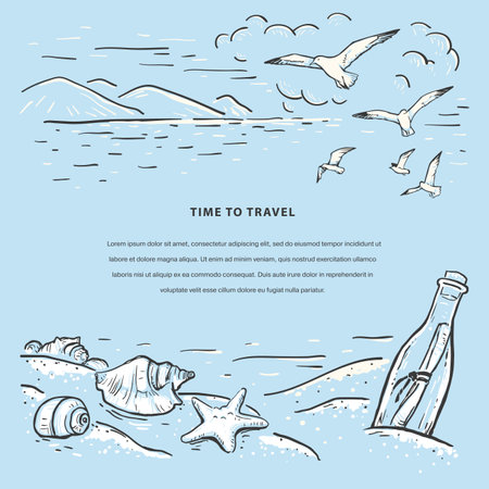 Marine romantic sketch vector template. Sketch with beach, seagulls, seashells, sea star and message in the bottle. Design for flyer, card, invitation, web banners in blue, black and white colorsのイラスト素材