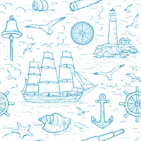 Vector sketch seamless marine pattern with sailing ship, lighthouse, spyglass, seagulls, compass, anchor, sea shells, bell. Design for textile, wrapping paper, page fill, web design, wallpaperのイラスト素材