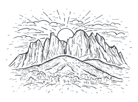 Landscape vector sketch illustration with a mountains, rocks, trees and sun. Black line isolated on white. Nature background. Design for t-shirt print, postcard, poster, cover, engravingのイラスト素材