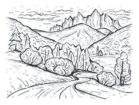 Landscape sketch. Santa Maddalena. Dolomites Mountains, Italy, Europe. Engraving style. Hand drawn vector illustration with a church, road, trees, mountains. Black line isolated on whiteのイラスト素材