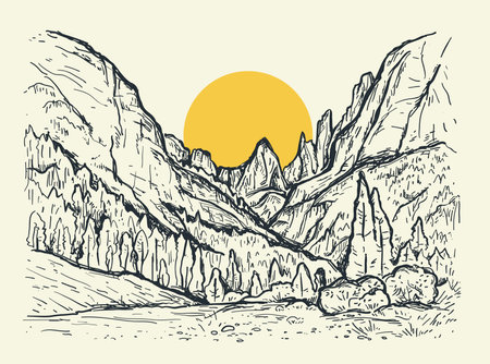 Hand drawn sketch illustration with a mountains, trees and yellow sun. Nature vintage vector landscape. Design for print, postcard, poster, cover, bannerのイラスト素材