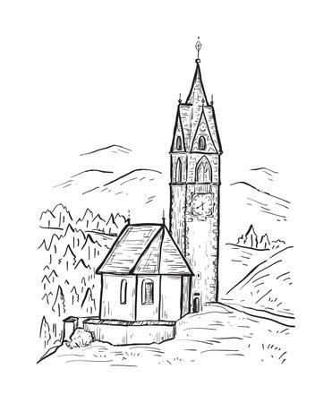 Santa Barbara chapel in the village of La Valle, Alta Badia. Italy, Europe. South Tyrol. Sketch hand drawn vector illustration with church on the mountain. Black line isolated on white. Vintage design for t-shirt print, postcard, poster, cover, engravingのイラスト素材