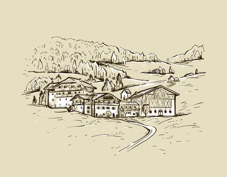 Rural landscape with sunrise. Italy, Europe. Santa Maddalena. Val di Funes valley. Sketch vector illustration with a church, village houses on the hill. Vintage design for t-shirt print, postcarのイラスト素材