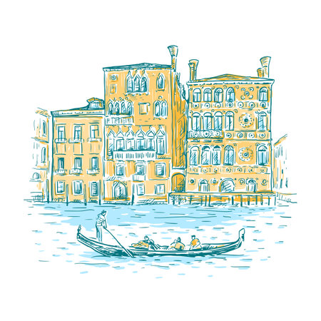 Hand drawn romantic sketch vector illustration of Venice, Italy. Drawing of a canal, houses and gondola isolated on white. Tourism Concept. Vintage color design for print, postcard, poster, bannerのイラスト素材
