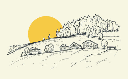 Rural landscape with sunrise. Sketch hand drawn vector illustration with a village houses on the mountain. Yellow sun. Travel concept. Design for print, postcard, poster, bannerのイラスト素材