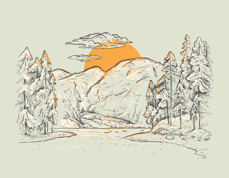 Braies Lake (Lago di Braies). Dolomites, South Tyrol, Italy. Vector sketch landscape with mountains, lake, sun and fir-trees. Hand drawn traveling concept illustration. Design for pillow print, cover, poster and carpetのイラスト素材