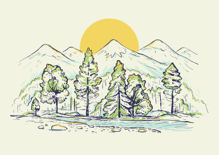Sketch of a high mountain ranges with forest, river, sunrise or sunset. Landscape. Hand drawn color vector background. Design for t-shirt, pillow print. Postcard, cover and posterのイラスト素材