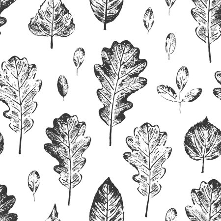Black and white vector abstract seamless pattern with grunge leaves. Monochrome sketch of leaves isolated on white deckground. Design for textile print, page fill, wrapping paper, fabricのイラスト素材