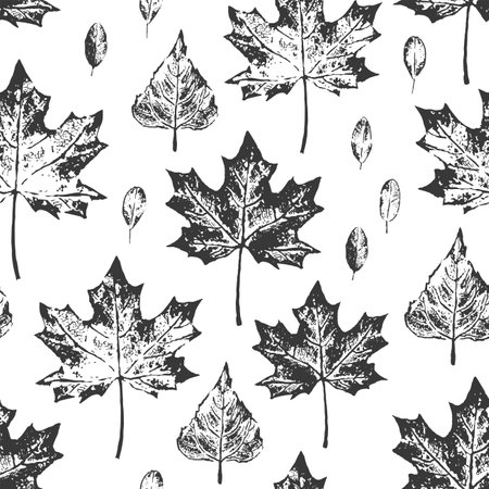 Black and white vector abstract seamless pattern with maple leaves. Monochrome sketch of leaves isolated on white deckground. Grunge design for page fill, wrapping paper, web, textile printのイラスト素材