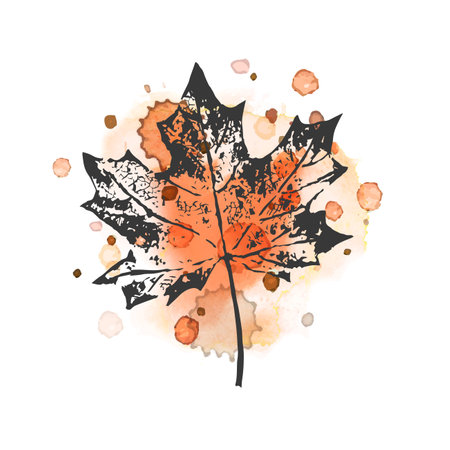 Watercolor vector abstract illustration with maple leaf in orange and brown colors. Vintage design with leaf, drops and splashes for print, banner, cardのイラスト素材
