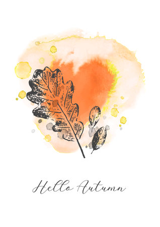 Hello Autumn. Watercolor vector abstract illustration with oak leaf. Illustration in the form of an orange heart. Nature design with leaves, drops and splashes for print, banner, greeting cardのイラスト素材