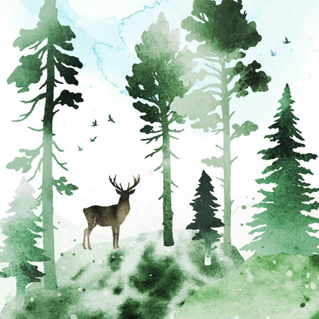 Vector watercolor landscape with coniferous forest, birds, hills and deer. Silhouette of an animal and trees. Nature illustration for poster, book, banner, postcardのイラスト素材