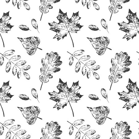 Black and white vector abstract seamless pattern with leaves. Monochrome sketch of leaves isolated on white deckground. Design for textile print, page fill, wrapping paper, webのイラスト素材