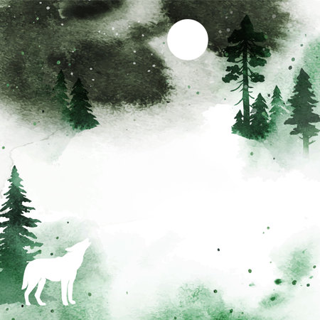 Vector dark template with coniferous trees, wolf and place for text. Silhouette of wolf howling at...
