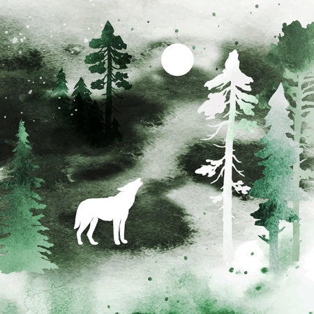 Watercolor magic vector landscape isolated on white deckground. Vector silhouette of wolf howling at the full moon. Forest and animal under night skyのイラスト素材
