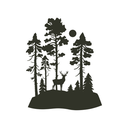 Vector silhouette of deer and forest isolated on white background. Landscape with coniferous forest, sun and animal. All elements are individual objectsのイラスト素材