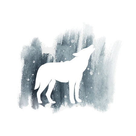 Vector silhouette of wolf. Watercolor print with isolated animal in gray colors. Flat illustration...
