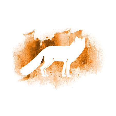 Vector silhouette of fox. Watercolor print with isolated animal in orange colors. Flat illustration and watercolor splash. Design of a t-shirt, pillow, poster, bag, bannerのイラスト素材