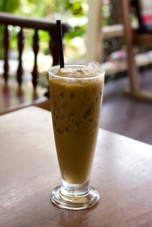 iced coffee on wood tableの写真素材