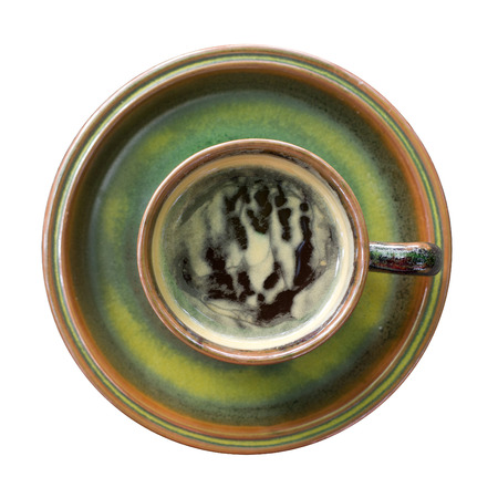 Top view of hot coffee on the wooden table.の写真素材