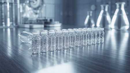 Laboratory glassware on the table. Blue toned picture.の素材