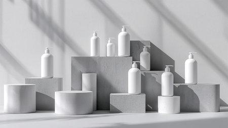 White cosmetic bottles on white background. Mock up, 3D Renderingの素材