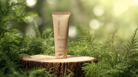 Cosmetic cream tube on a stump in the forest. 3d illustrationの素材