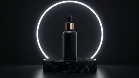 Black cosmetic bottle mockup on dark background. 3d render illustrationの素材