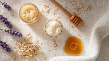 Flat lay composition with oatmeal and honey on towel, top viewの素材