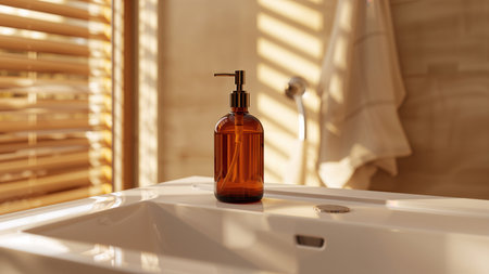 Brown glass bottle with liquid soap on the white bathtub in the bathroomの素材