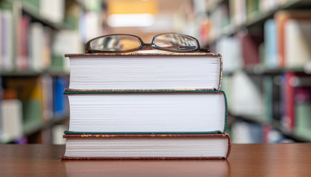 Stack of books with eyeglasses on a table in the libraryの素材