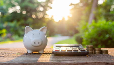Piggy bank and calculator on wooden table with green nature background.の素材