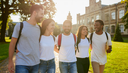 Group of friends walking in the park. They are smiling and looking at each other.の素材