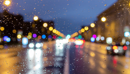 rain drops on car glass with bokeh light in city at nightの素材
