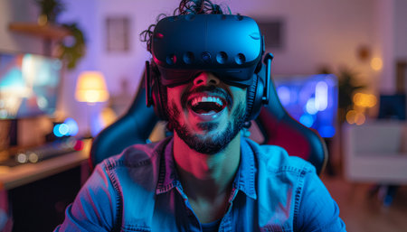 Young man playing video games at home in the living room. The man is wearing a virtual reality headset.の素材