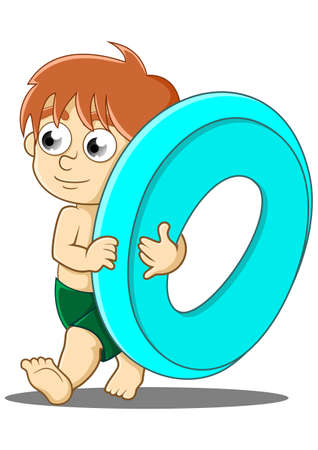illustration of a boy carrying a float to swimの写真素材